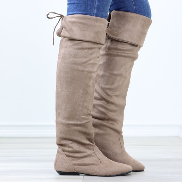 Fold Over Taupe Thigh High Over The Knee Flat No Heel Boots Faux Suede Pointed - Picture 3 of 14